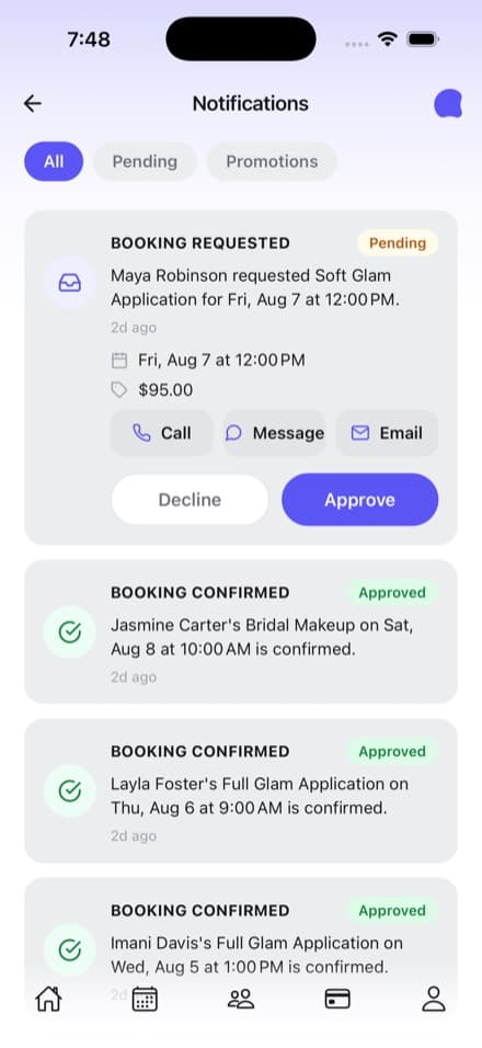 The notifications feed in the Aestra app: a booking request marked pending, expanded to show its time, price, contact buttons and Decline and Approve actions, above several confirmed bookings marked approved