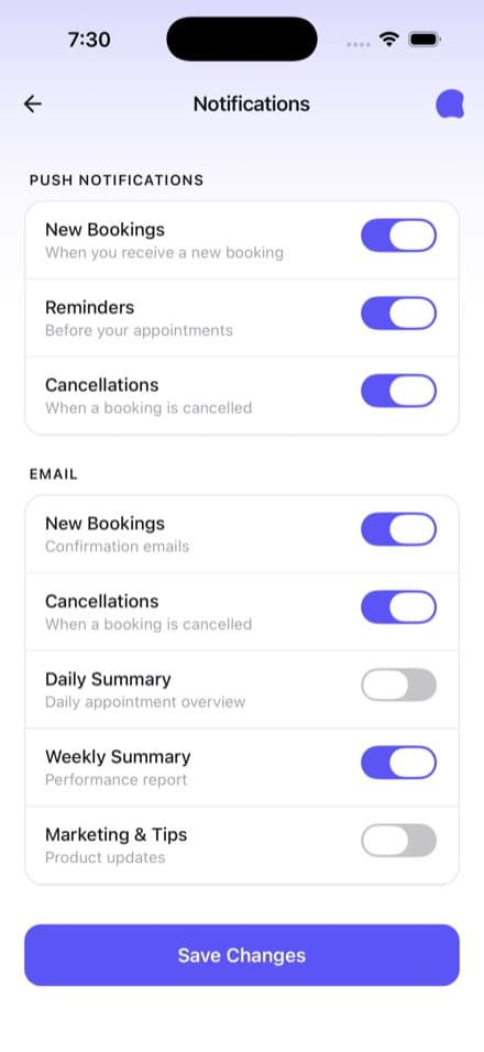 Notification settings in the Aestra app, with push switches for new bookings, reminders and cancellations, and separate email switches for new bookings, cancellations, daily and weekly summaries, and marketing tips