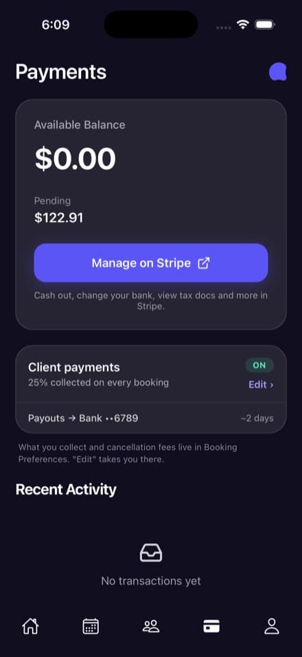 The payments screen in the Aestra app showing a pending balance, a 25 percent deposit collected on every booking, and payouts going to a linked bank account
